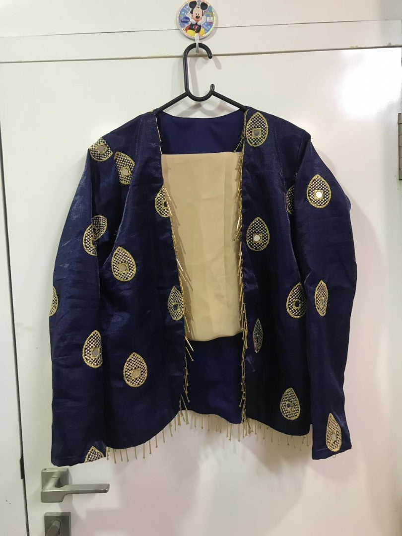 cream satin georgette silk plazzo with blue jacket