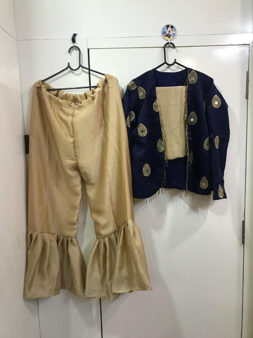 cream satin georgette silk plazzo with blue jacket