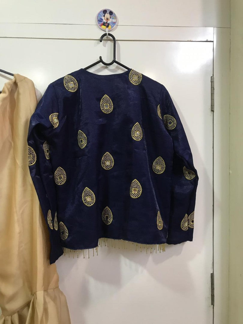 cream satin georgette silk plazzo with blue jacket