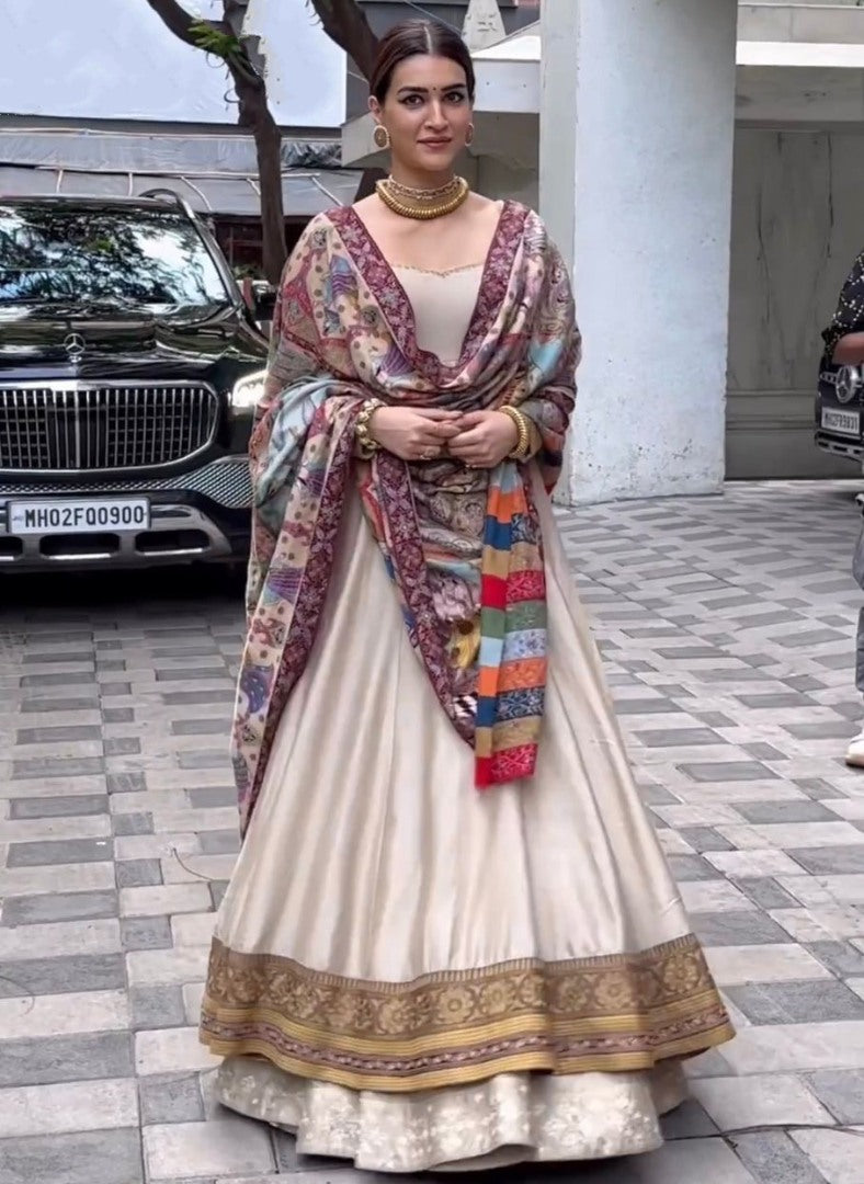 Cream satin silk kriti sanon lehenga gown
