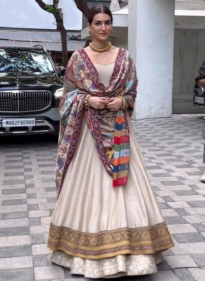 Cream satin silk kriti sanon lehenga gown