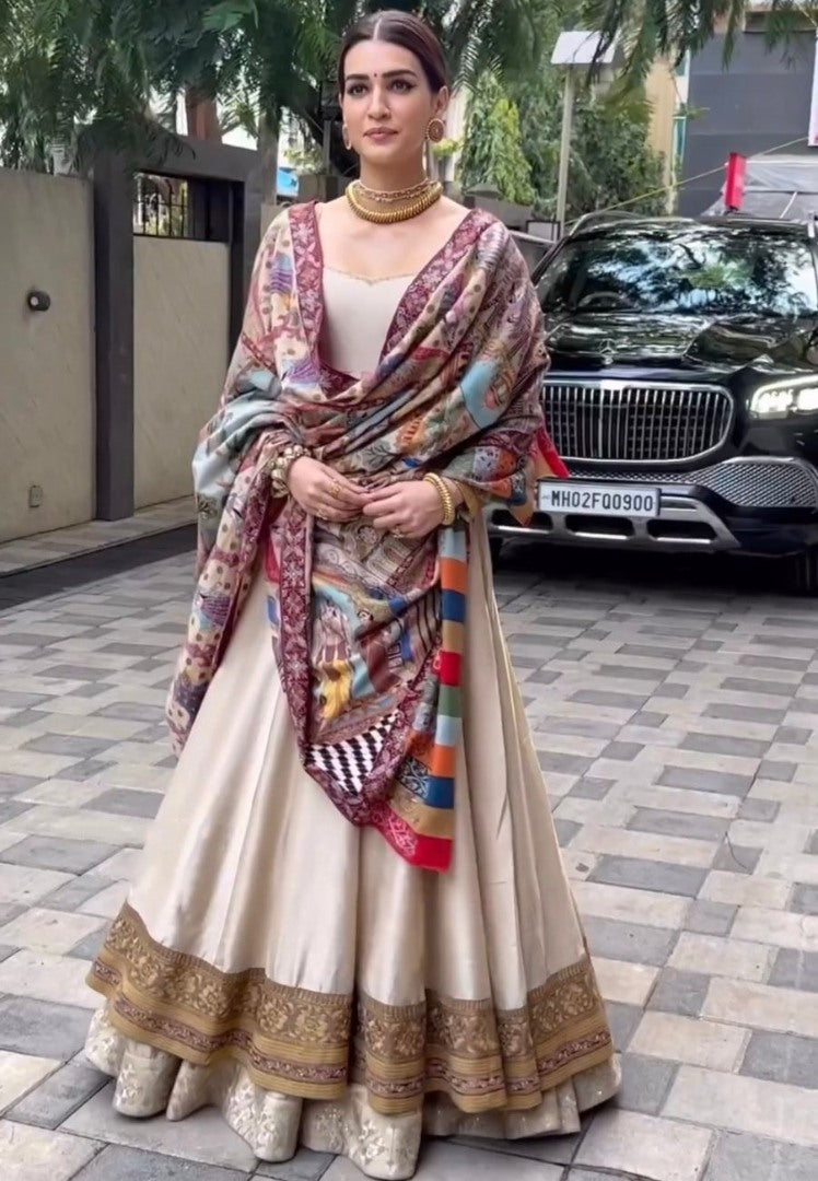 Cream satin silk kriti sanon lehenga gown