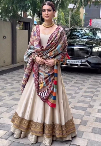 Cream satin silk kriti sanon lehenga gown