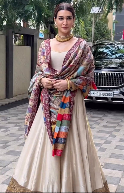 Cream satin silk kriti sanon lehenga gown