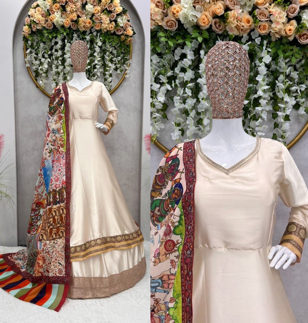 Cream satin silk kriti sanon lehenga gown