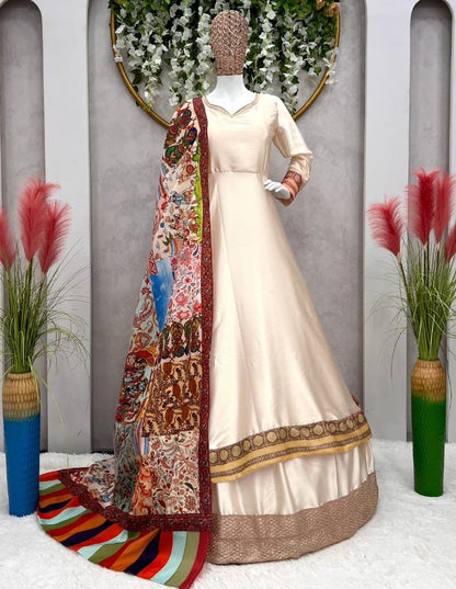 Cream satin silk kriti sanon lehenga gown