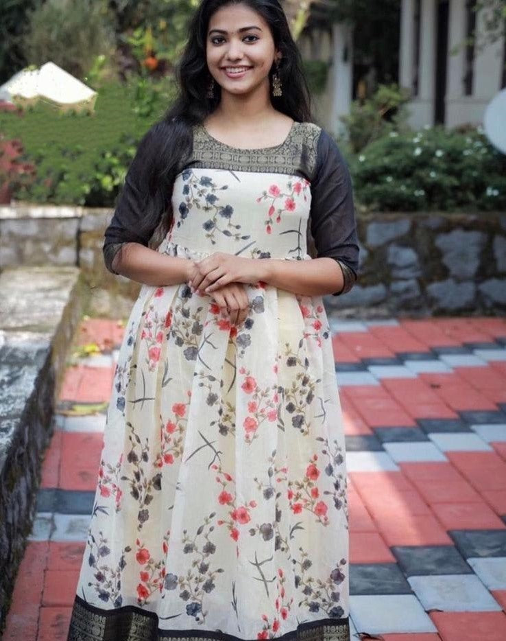 Cream soft cotton digital flower printed work gown