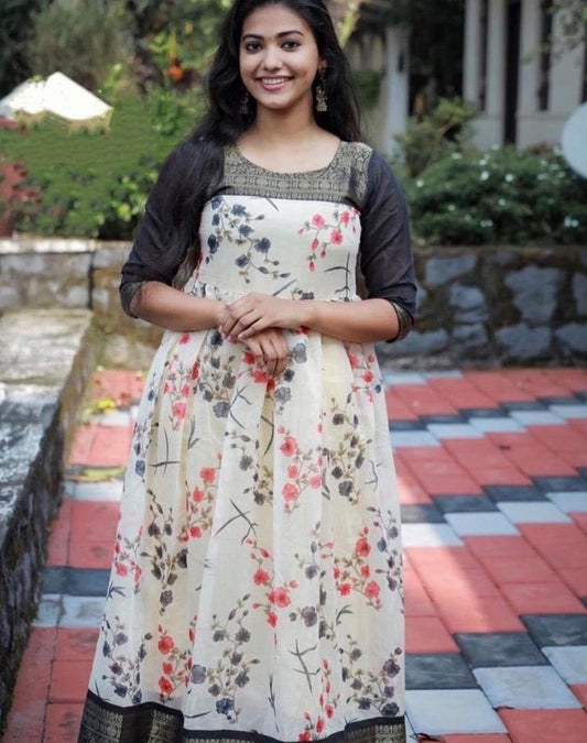Cream soft cotton digital flower printed work gown