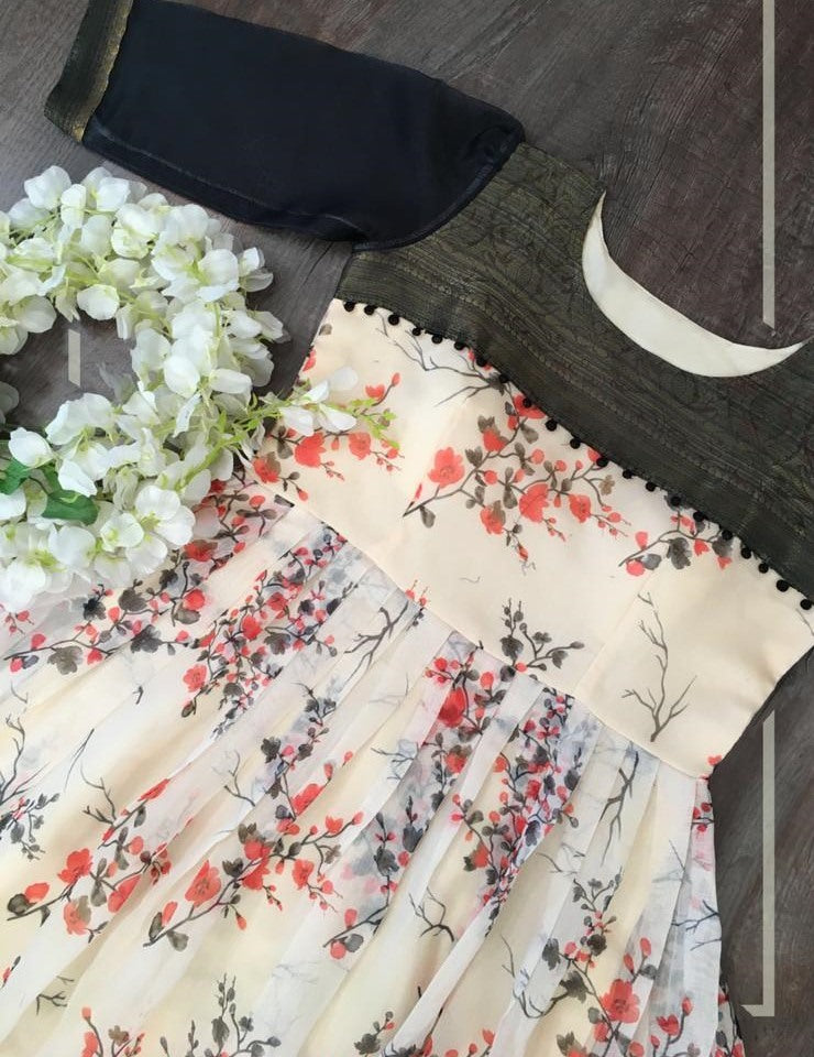 Cream soft cotton digital flower printed work gown