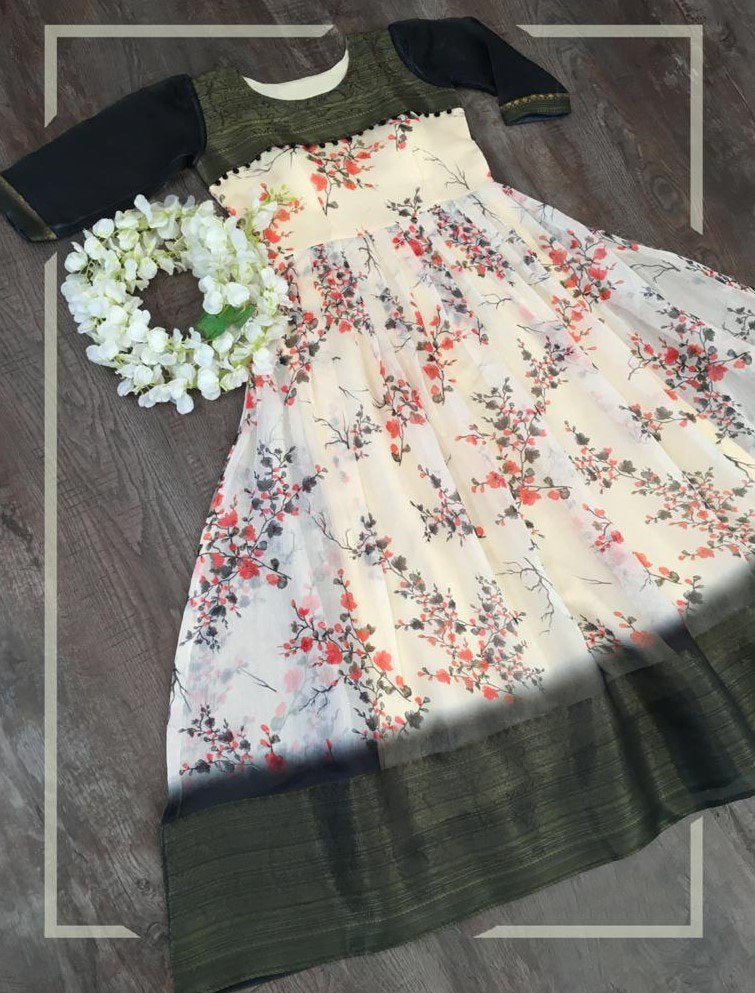 Cream soft cotton digital flower printed work gown