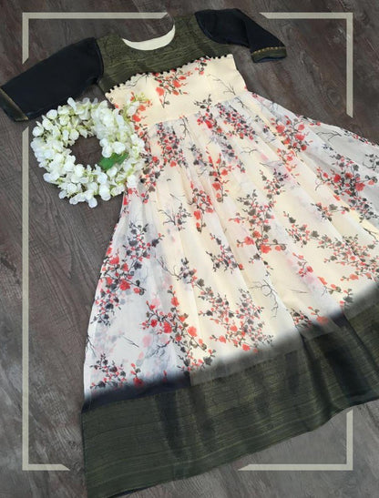 Cream soft cotton digital flower printed work gown