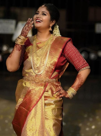 Cream soft lichi silk jacquard weaving work wedding saree