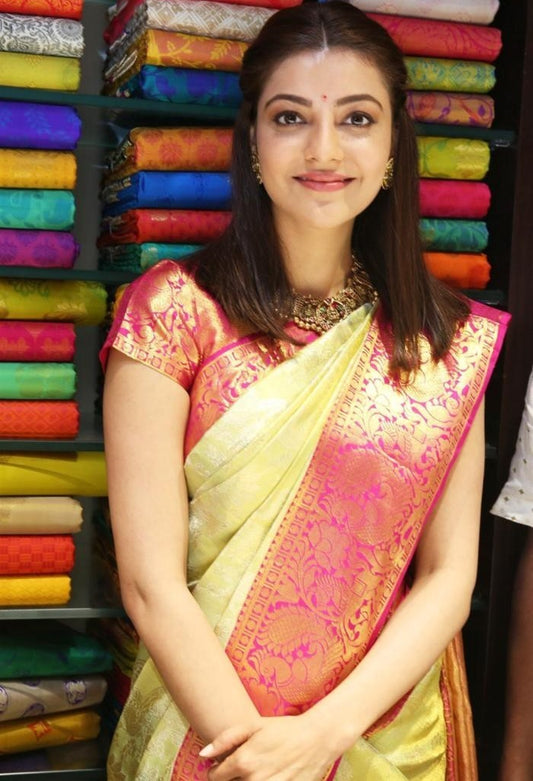 Cream soft lichi silk jacquard weaving work wedding saree