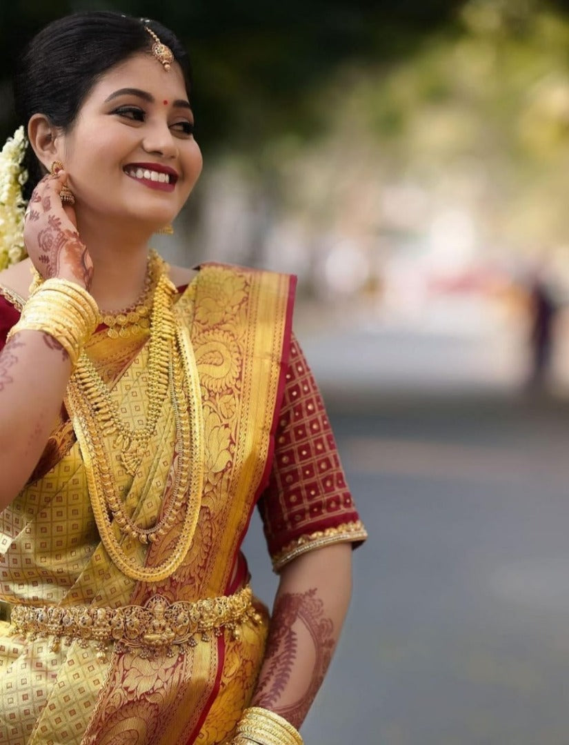 Cream soft lichi silk jacquard weaving work wedding saree