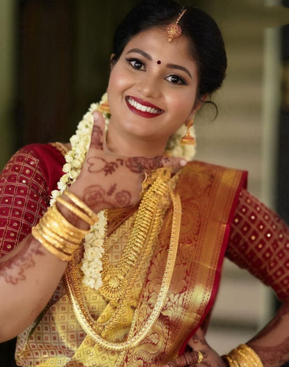 Cream soft lichi silk jacquard weaving work wedding saree