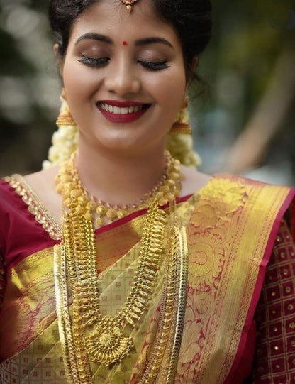 Cream soft lichi silk jacquard weaving work wedding saree