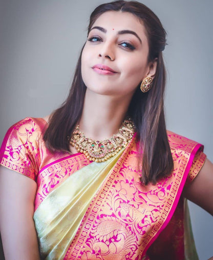 Cream soft lichi silk jacquard weaving work wedding saree