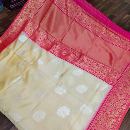 Cream soft lichi silk jacquard weaving work wedding saree