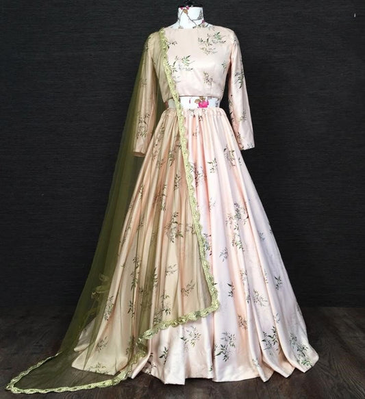 Cream soft net lace border work party wear lehenga choli