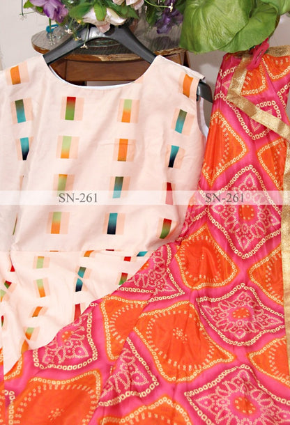 Cream tafeta silk printed gown with dupatta