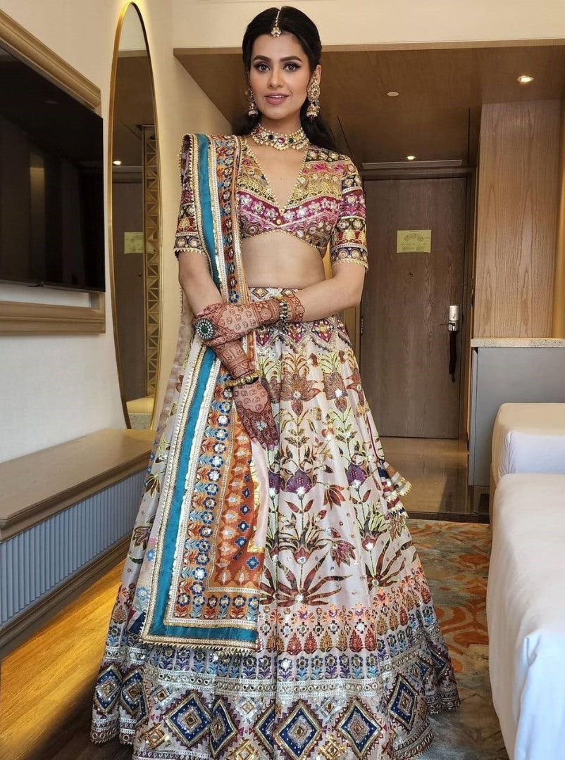 Cream taffeta silk digital print and mirror work wedding lehenga choli