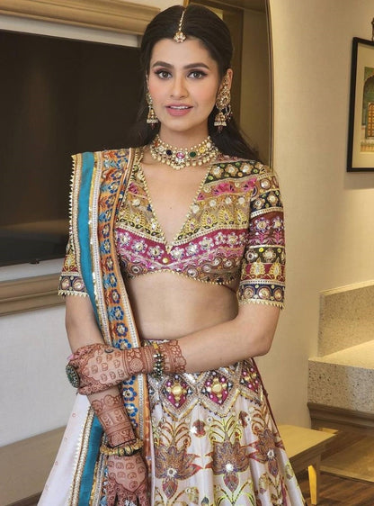 Cream taffeta silk digital print and mirror work wedding lehenga choli