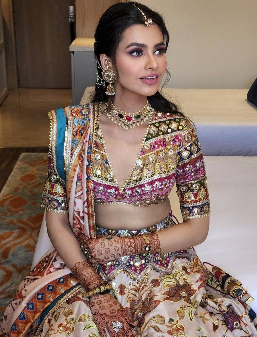 Cream taffeta silk digital print and mirror work wedding lehenga choli