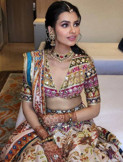 Cream taffeta silk digital print and mirror work wedding lehenga choli