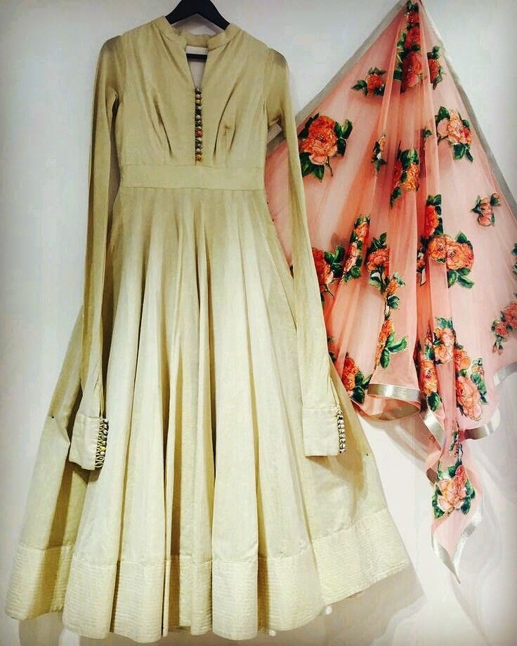 cream tapeta silk stylist anarkali suit with printed dupatta