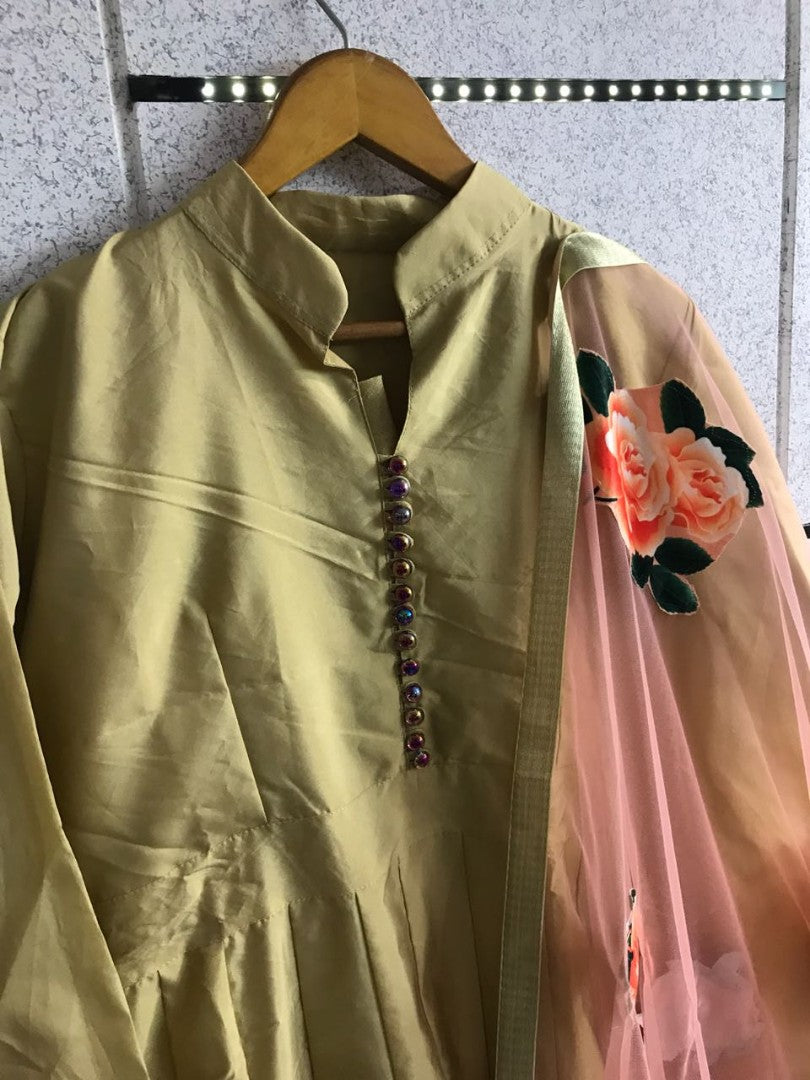 cream tapeta silk stylist anarkali suit with printed dupatta