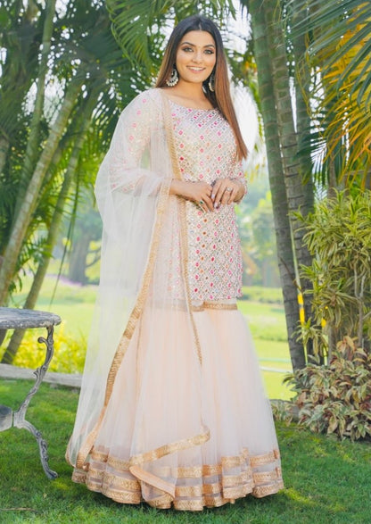 Cream thread and sequence embroidered sharara suit