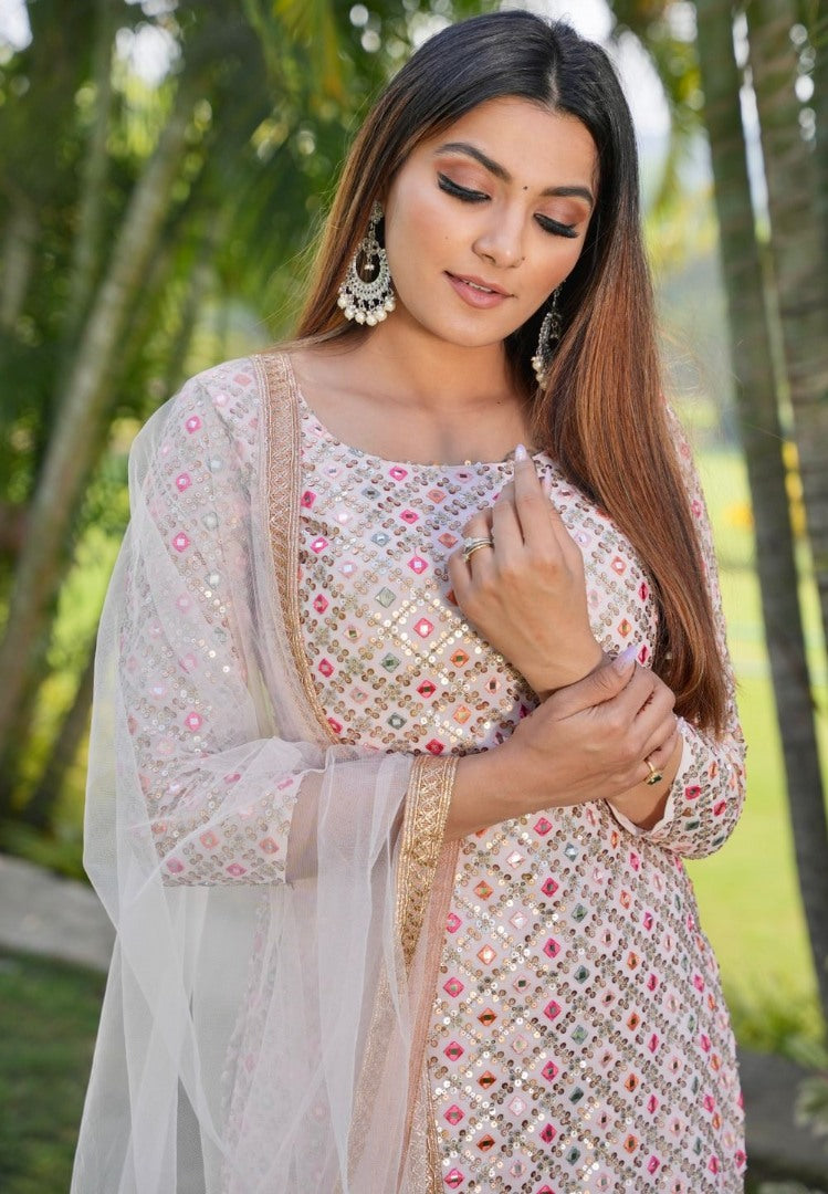 Cream thread and sequence embroidered sharara suit