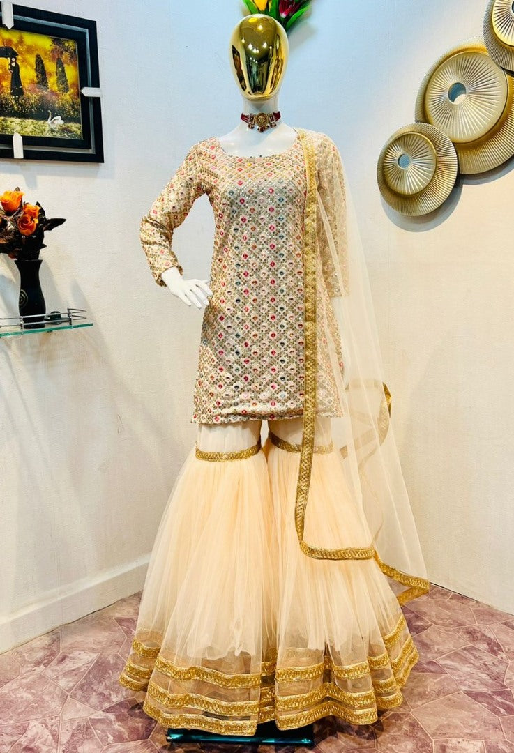 Cream thread and sequence embroidered sharara suit