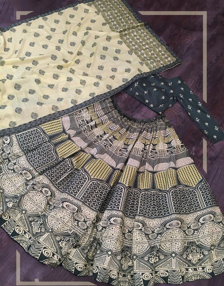 Cream vaishali silk printed embellish sequins work lehenga choli