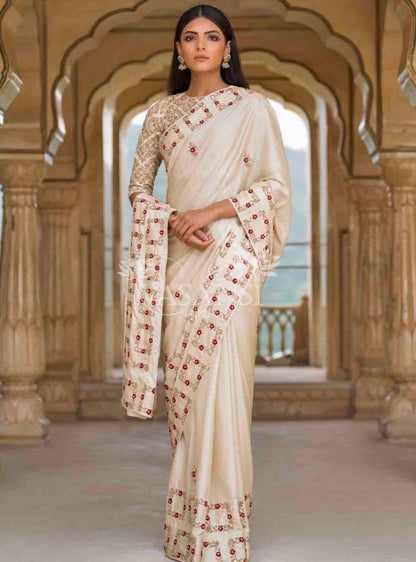 Cream vichitra silk beautiful embroidered saree