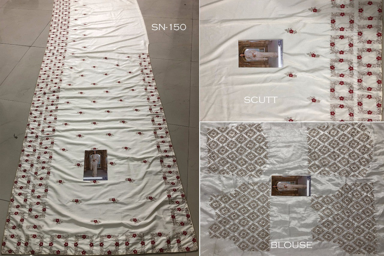 Cream vichitra silk beautiful embroidered saree