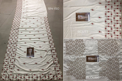 Cream vichitra silk beautiful embroidered saree