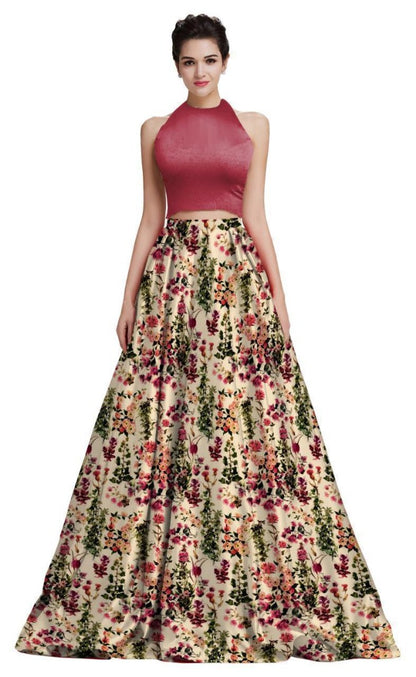 Cream zari satin digital printed crop top lehenga