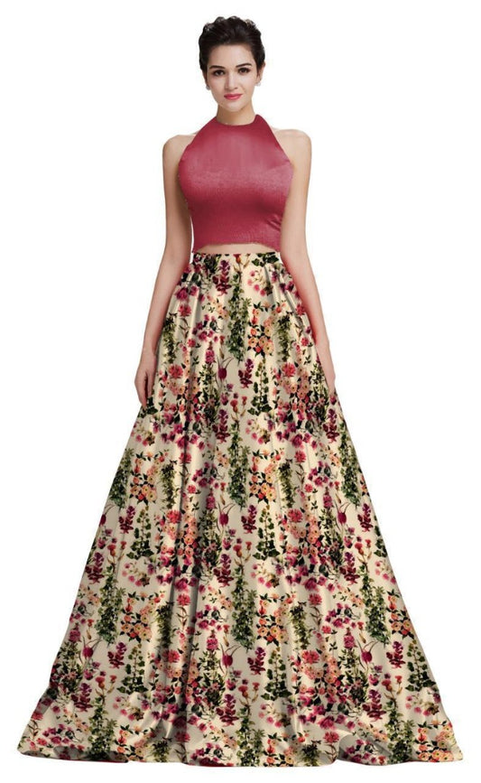 Cream zari satin digital printed crop top lehenga