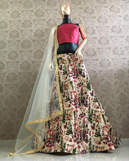Cream zari satin digital printed crop top lehenga