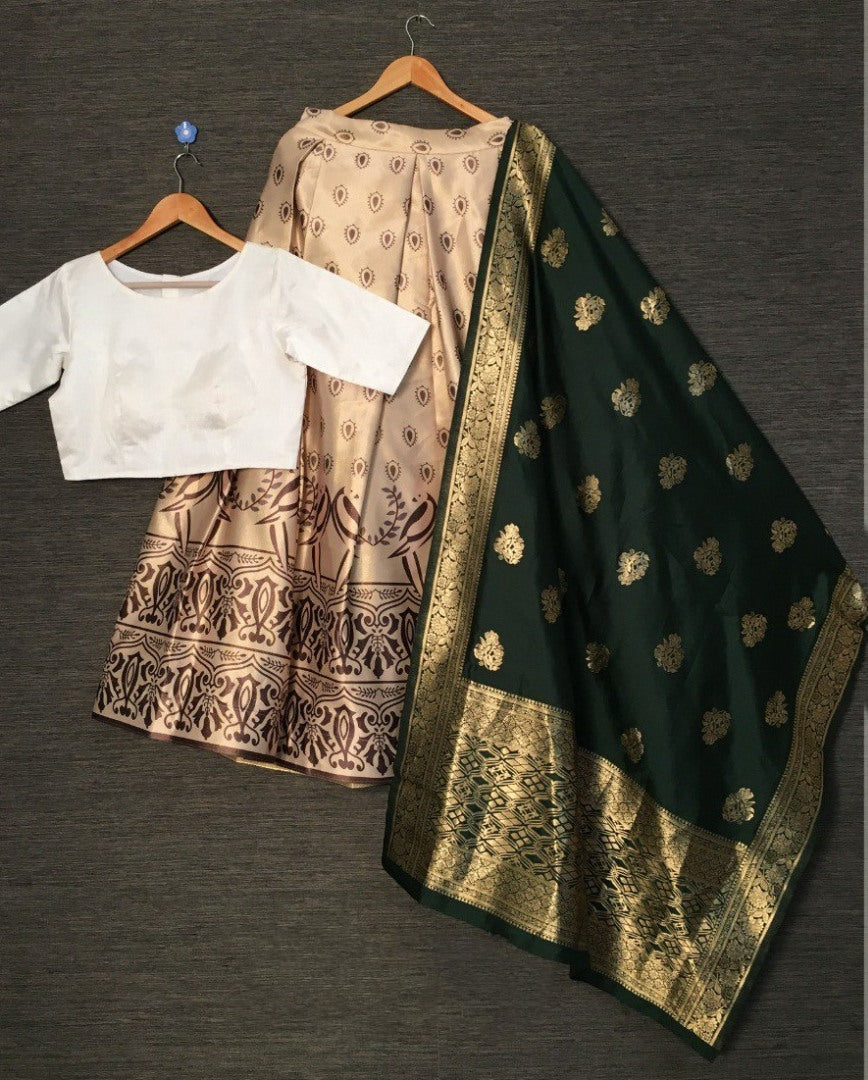 Cream zari satin silk printed lehenga choli with banarasi dupatta