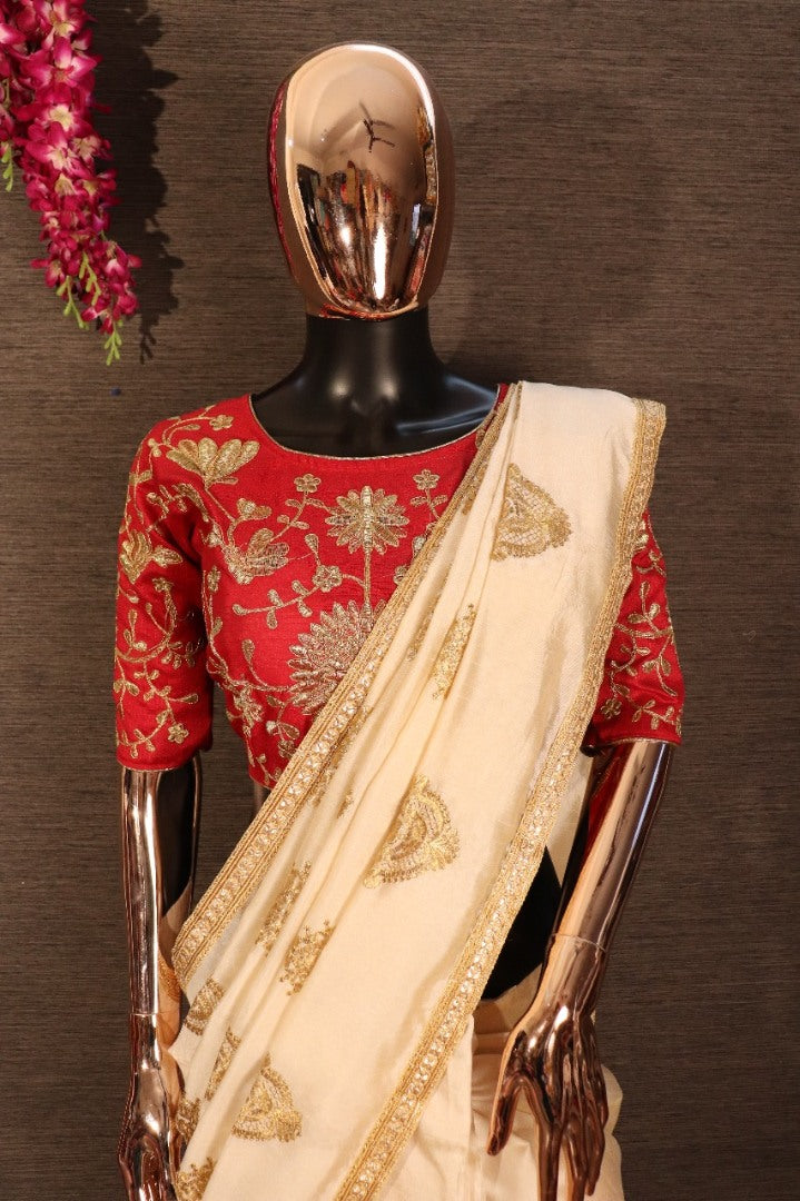 Cream zarna silk embroidered wedding wear saree