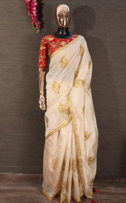 Cream zarna silk embroidered wedding wear saree