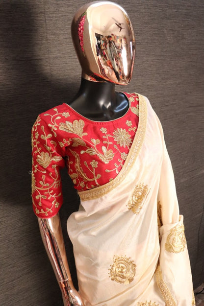 Cream zarna silk embroidered wedding wear saree