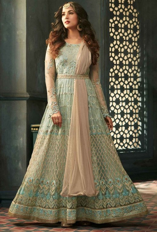 Cyan Colored Net Heavy Embroidered Semi Stitched anarkali Suit