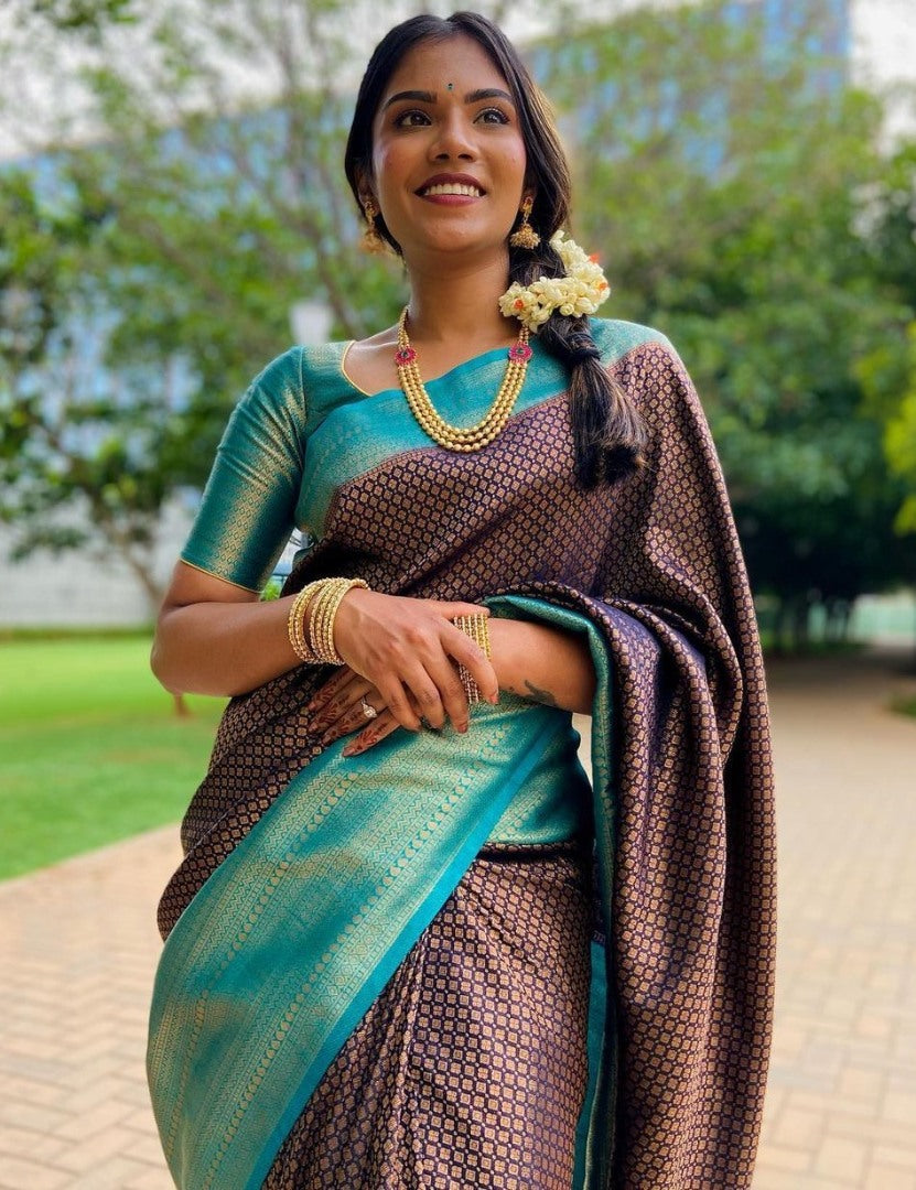 Dark blue and rama jacquard weaving work banarasi silk saree for wedding