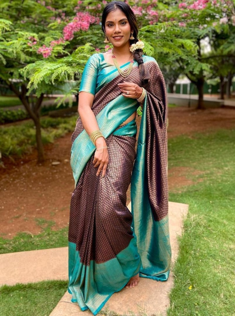 Dark blue and rama jacquard weaving work banarasi silk saree for wedding