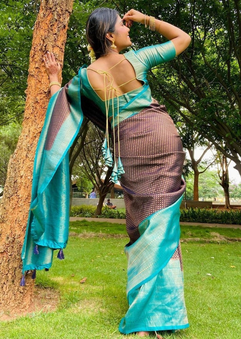 Dark blue and rama jacquard weaving work banarasi silk saree for wedding