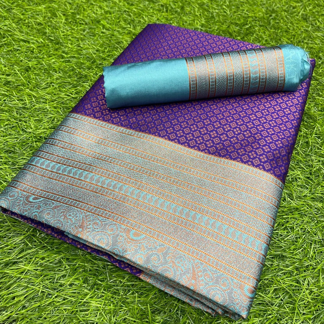 Dark blue and rama jacquard weaving work banarasi silk saree for wedding