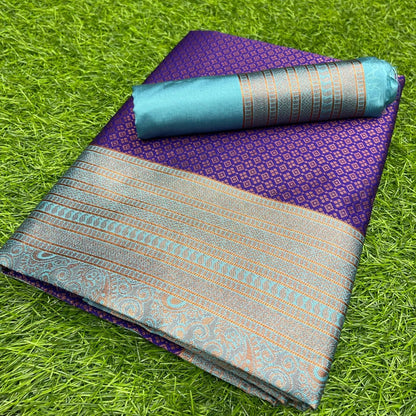 Dark blue and rama jacquard weaving work banarasi silk saree for wedding